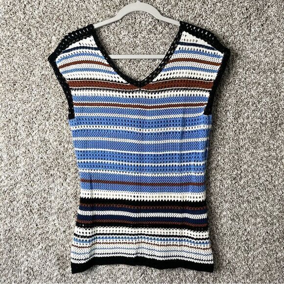 New York & Company Top Women’s Medium Multicolored Striped Crochet Knit V-Neck - Picture 4 of 4